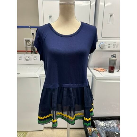 Kim & Cami Shirt, Cottage Core, Ruffles Rick Rack Dress Shirt Navy ,Med. - Picture 7 of 8